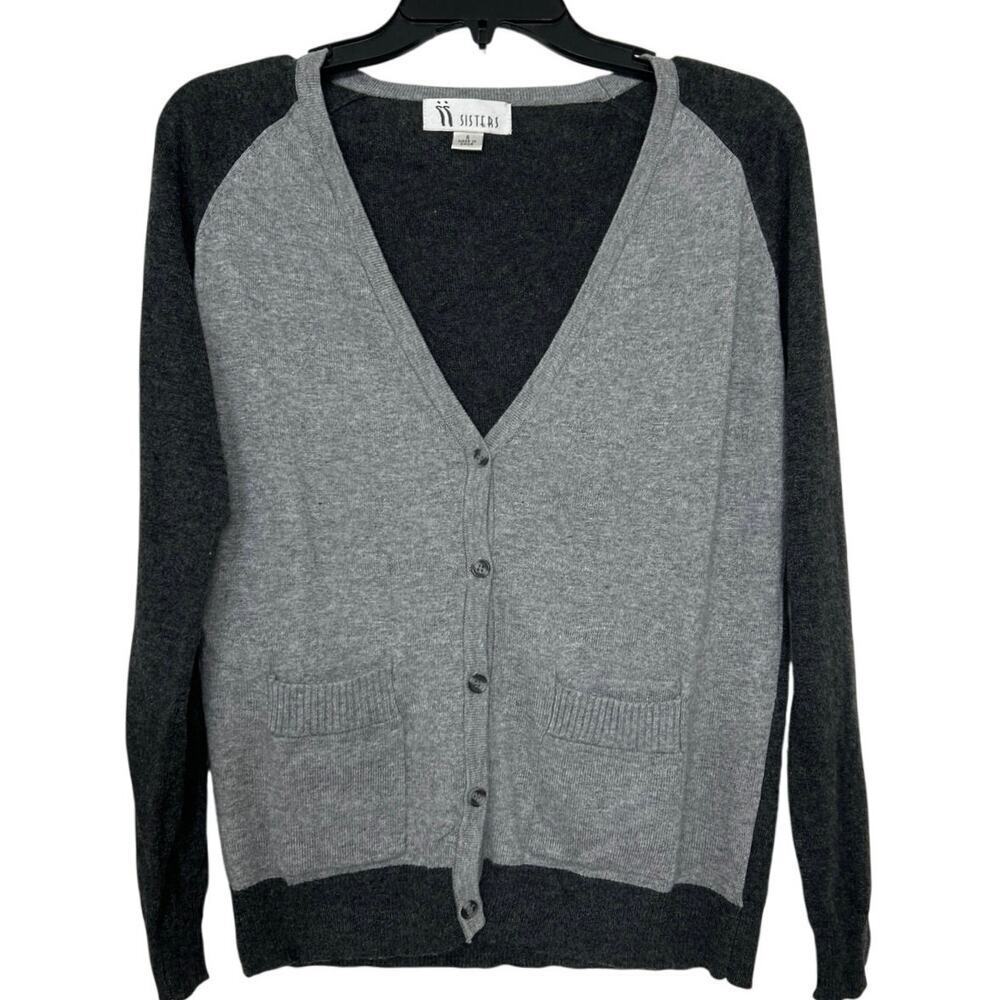 Sisters Gray Wool Angora Blend Colorblock Cardigan Sweater S Preppy Y2K Academia